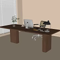 Modern Wooden Desk with White Laptop Black Lamp Glass Vase Plant and Rolling Chair