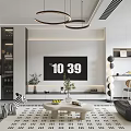 Modern Living And Dining Room Interior With Black Sofa Geometric Rug And Round Pendant Lights