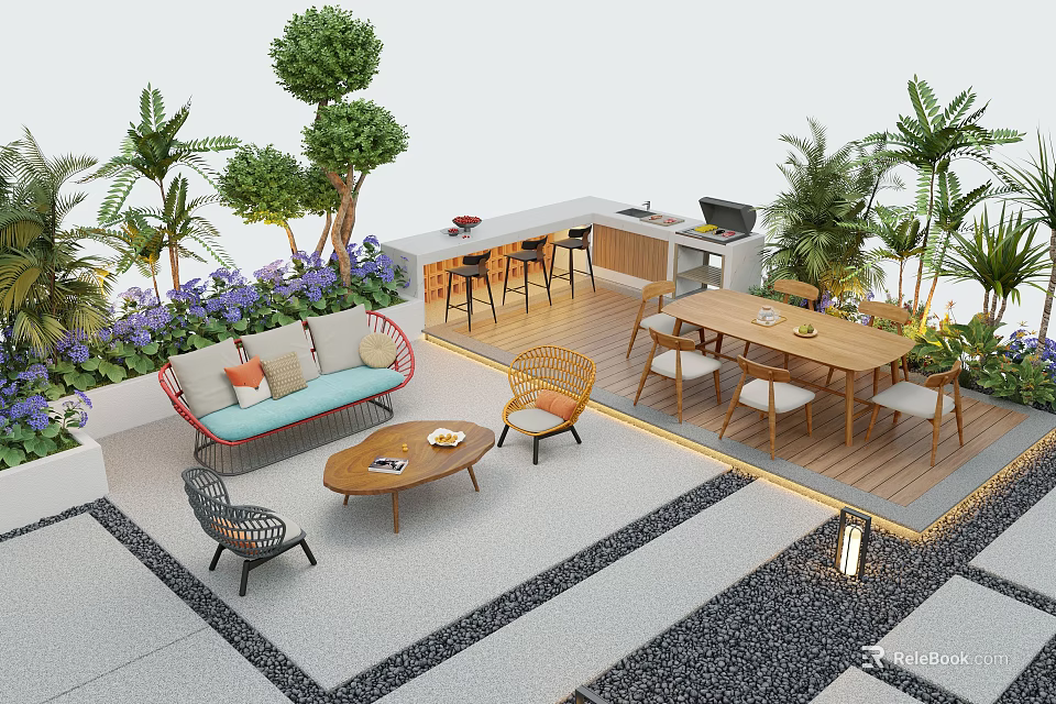 Courtyard Garden With Wicker Sofa Coffee Table Dining Chairs And Lush Plants 3d model 