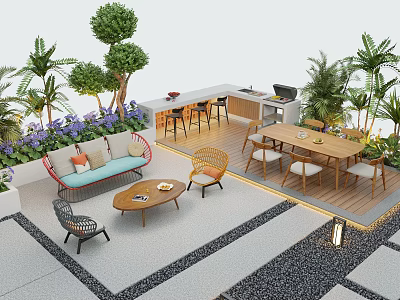 Courtyard Garden With Wicker Sofa Coffee Table Dining Chairs And Lush Plants 3d model