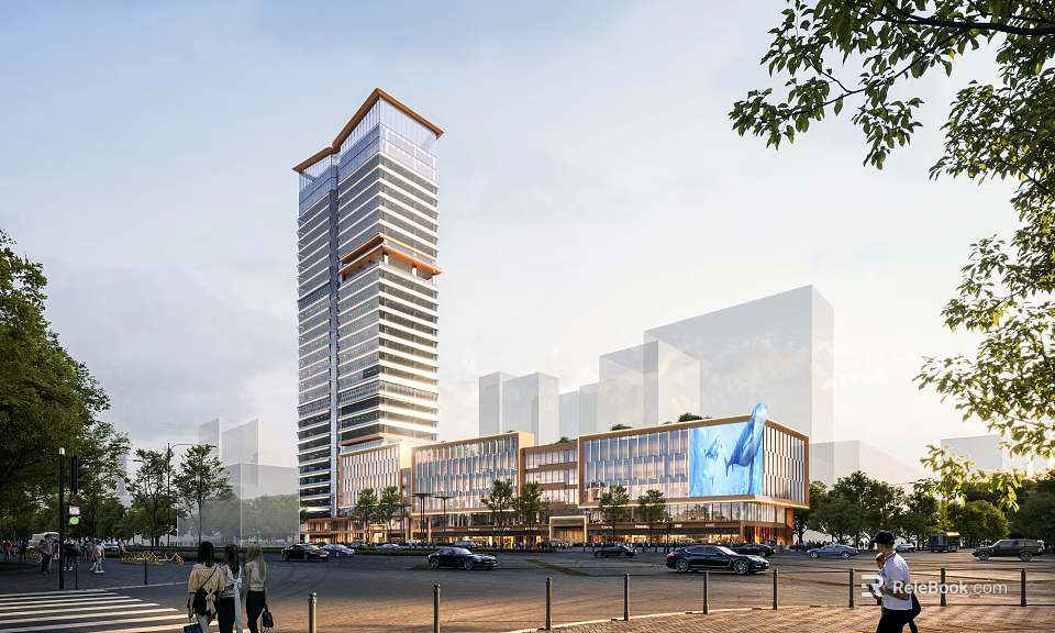 Modern Office Building With Glass Facade In Urban Area Featuring Pedestrians And Vehicles 3d model 