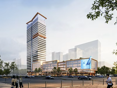 Modern Office Building With Glass Facade In Urban Area Featuring Pedestrians And Vehicles 3d model