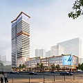 Modern Office Building With Glass Facade In Urban Area Featuring Pedestrians And Vehicles