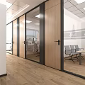 Public Office Space with Company Logo White Wall Glass Partition Office Desks Chairs Wooden Flooring