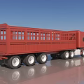 Red Cargo Utility Truck With Flatbed Rails And Multiple Wheels On Reflective Surface