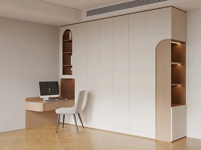 Modern Wardrobe with Open Shelves and Study Desk Chair in Beige and Wood Tones 3d model