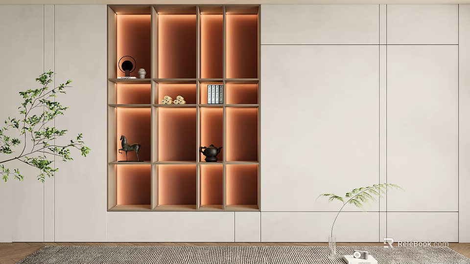 Elegant Modern Built-in Bookcase with Warm Lighting Teapot Horse Figurine and Books 3d model 