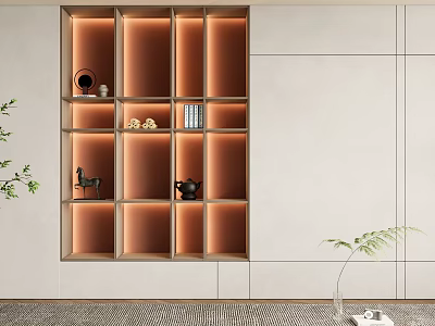 Elegant Modern Built-in Bookcase with Warm Lighting Teapot Horse Figurine and Books 3d model