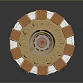 Intricate Circular Mechanical Device With Orange White Segments And Golden Rings