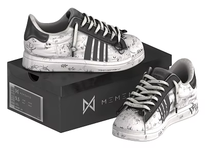 Graffiti Pattern White Black Sneakers With Memento Brand Box Packaging 3d model