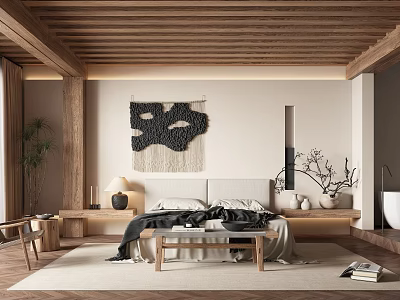 Minimalist Hotel Guest Room With Wooden Ceiling Macramé Wall Hanging Comfy Bed And Warm Tones 3d model