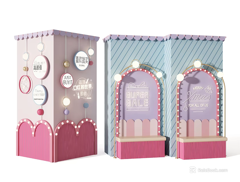 Pink And Blue Decorative Display Cabinets With Arched Door Design Circular Labels And String Lights 3d model 