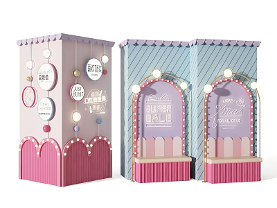 Pink And Blue Decorative Display Cabinets With Arched Door Design Circular Labels And String Lights 3d model