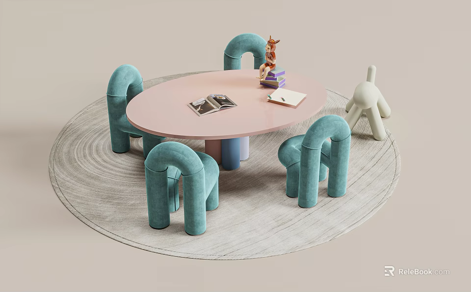 Pink Oval Children's Table With Four Light Blue Chairs And Toys On Light Round Rug 3d model 