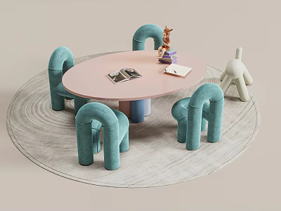 Pink Oval Children's Table With Four Light Blue Chairs And Toys On Light Round Rug 3d model