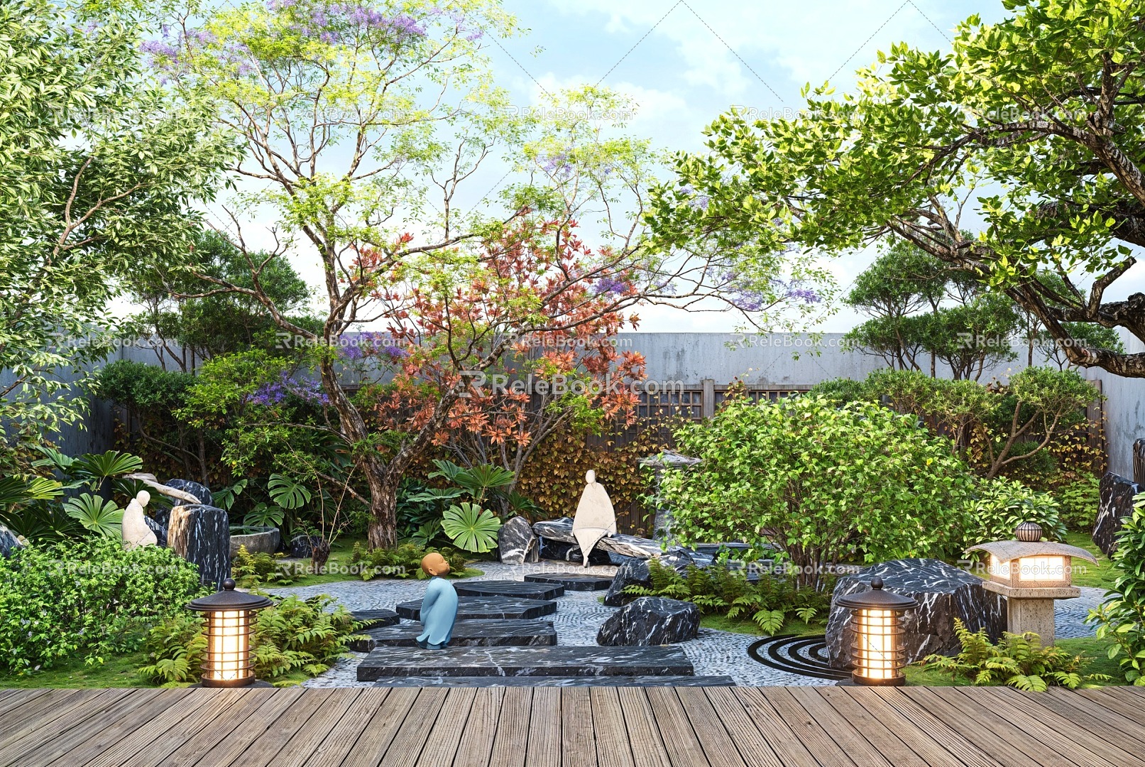 Japanese-style courtyard landscape landscape landscape stone landscape tree shrub withered landscape plant pile model