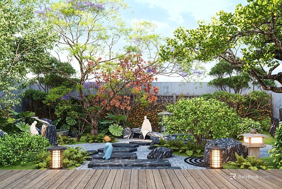 Tranquil Karesansui Garden With Wooden Deck Stone Lanterns White Bird Statues And Mossy Stones 3d model 