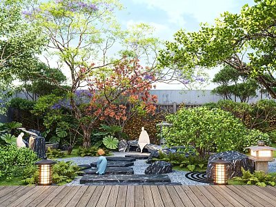 Tranquil Karesansui Garden With Wooden Deck Stone Lanterns White Bird Statues And Mossy Stones 3d model