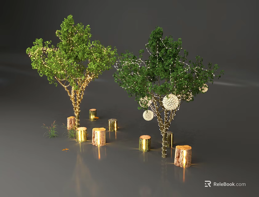 Two Decorative Trees with Green Foliage Golden Cylindrical Lights Hanging White Ornaments Wooden Stumps Around 3d model 