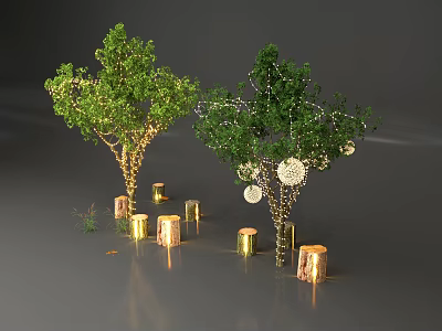 Two Decorative Trees with Green Foliage Golden Cylindrical Lights Hanging White Ornaments Wooden Stumps Around 3d model