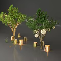 Two Decorative Trees with Green Foliage Golden Cylindrical Lights Hanging White Ornaments Wooden Stumps Around