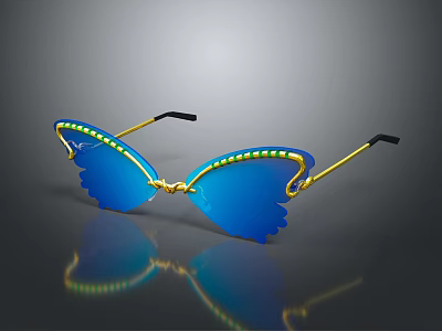 Jewelry Inspired Butterfly Shaped Sunglasses With Gold Frame Blue Lenses And Green Bead Embellishments 3d model
