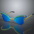 Jewelry Inspired Butterfly Shaped Sunglasses With Gold Frame Blue Lenses And Green Bead Embellishments