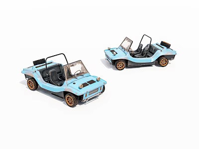 Two Light Blue Open Top Dune Buggies With Black Seats And Brown Wheels 3d model