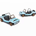 Two Light Blue Open Top Dune Buggies With Black Seats And Brown Wheels
