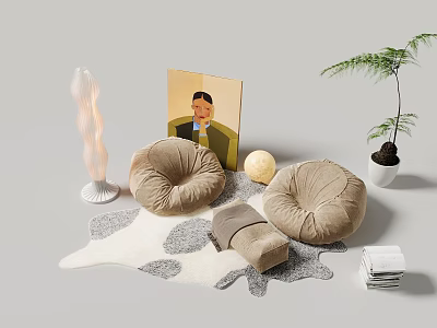 Cozy Interior With Bean Bag Chairs Rug Table Lamp Potted Plant Portrait And Books 3d model