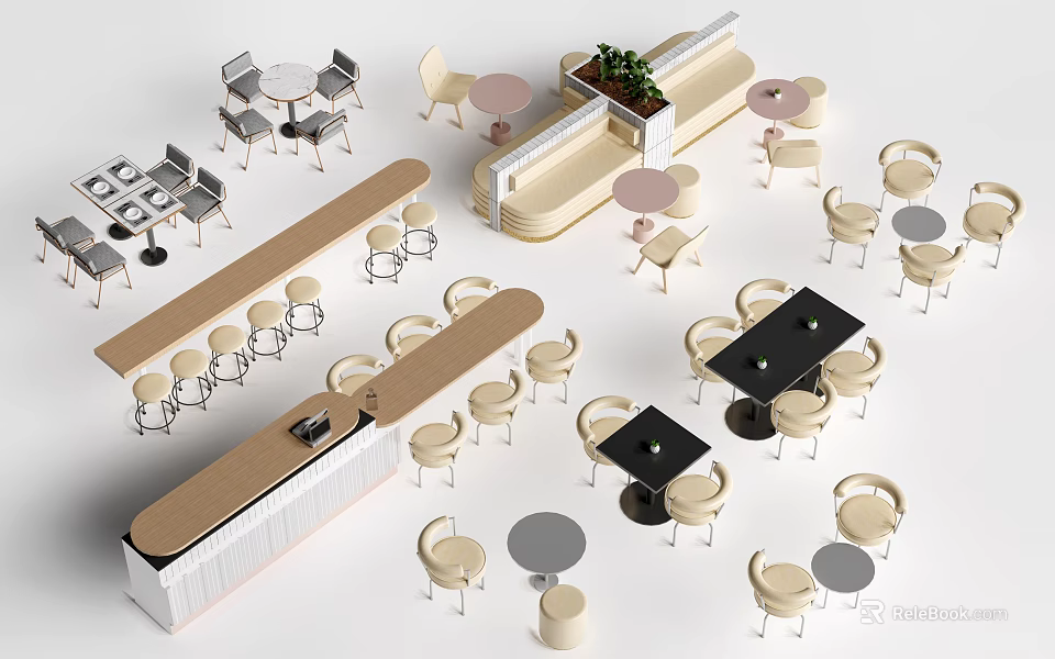 Modern Dining Table Sets With Round Tables Chairs Bar Counter And Green Plant 3d model 
