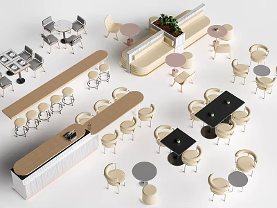 Modern Dining Table Sets With Round Tables Chairs Bar Counter And Green Plant 3d model