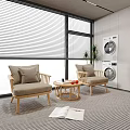 Casual Sofa Set with Light Wood Chairs Gray Cushions and Mountain View Through Window Blinds