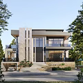 Modern Two Story Detached Villa With Large Glass Windows Surrounded By Trees And Front Steps
