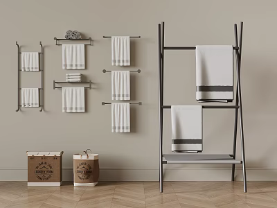 Woven Brown Storage Baskets In Bathroom With Towel Racks And Hanging Towels 3d model