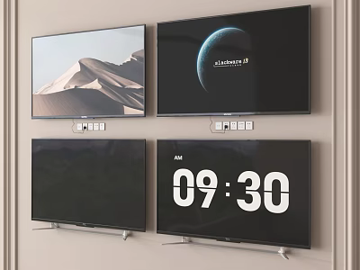 Four Wall Mounted Televisions Displaying Desert Planet Scenery Digital Clock And Brand Interface 3d model