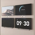 Four Wall Mounted Televisions Displaying Desert Planet Scenery Digital Clock And Brand Interface 3d model