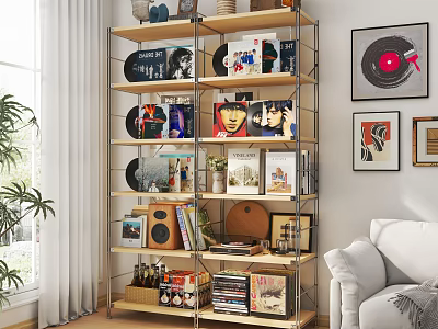 Cozy Living Room With Stereo System Vinyl Records Books And Decor On Metal Shelf 3d model