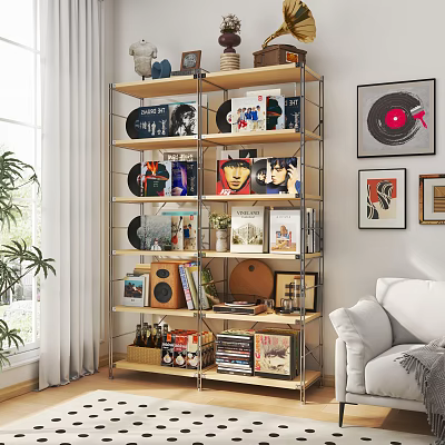 Cozy Living Room With Stereo System Vinyl Records Books And Decor On Metal Shelf 3d model