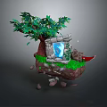 Floating Island Scene With Green Tree Stone Tablet Blue Crystal And Grass 3d model