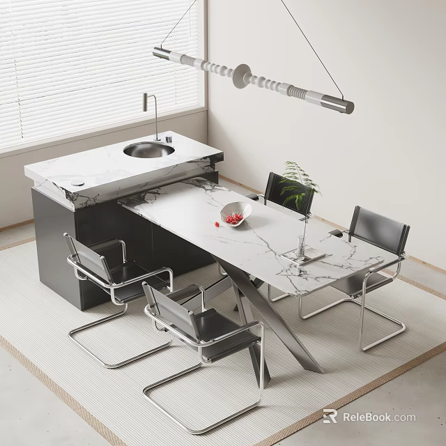 Modern Dining Table Set With Marble Top Black Chairs And Metal Legs 3d model 