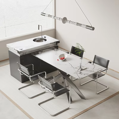 Modern Dining Table Set With Marble Top Black Chairs And Metal Legs 3d model