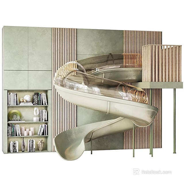 Modern Spiral Staircase Interior Design With Glass Railing Wooden Accents And Bookshelves 3d model 