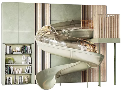 Modern Spiral Staircase Interior Design With Glass Railing Wooden Accents And Bookshelves 3d model