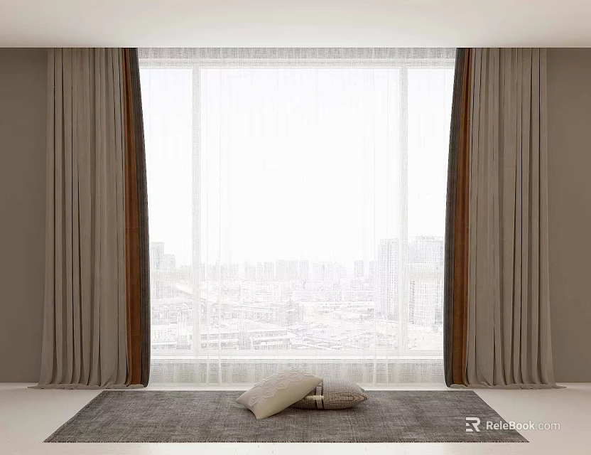 Dark Gray Curtains With White Sheer For Window City View And Rug Pillows 3d model 