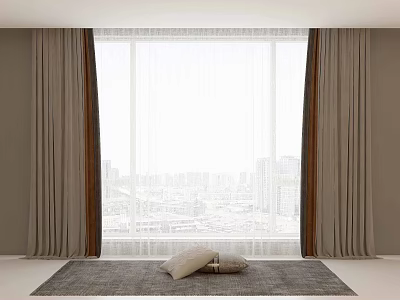 Dark Gray Curtains With White Sheer For Window City View And Rug Pillows 3d model