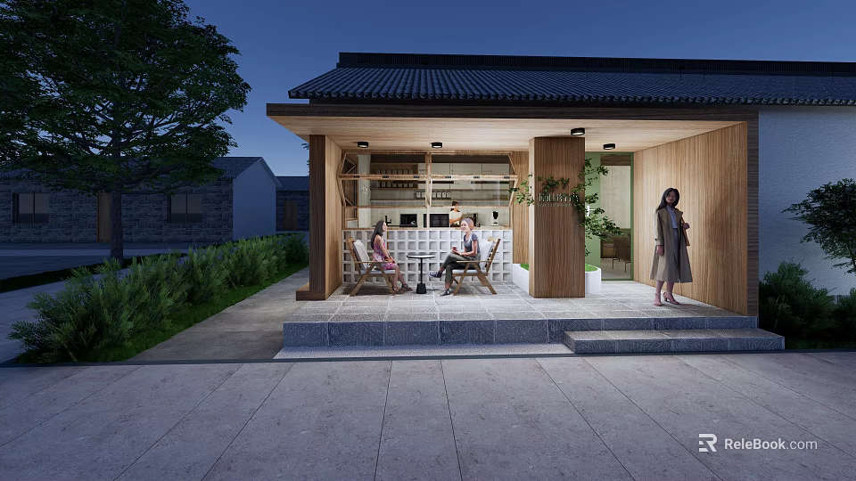 Traditional Style Commercial Street With Wooden Structure Outdoor Seating Greenery And People Relaxing 3d model 