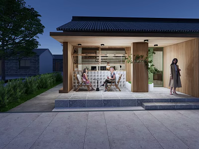 Traditional Style Commercial Street With Wooden Structure Outdoor Seating Greenery And People Relaxing 3d model