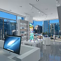 Modern Digital Store Featuring iPhone Display Shelves and Smartphone Products on White Counter