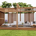 Outdoor Wooden Pergola Area With Comfortable Sofa Coffee Tables Green Lawn And Trees